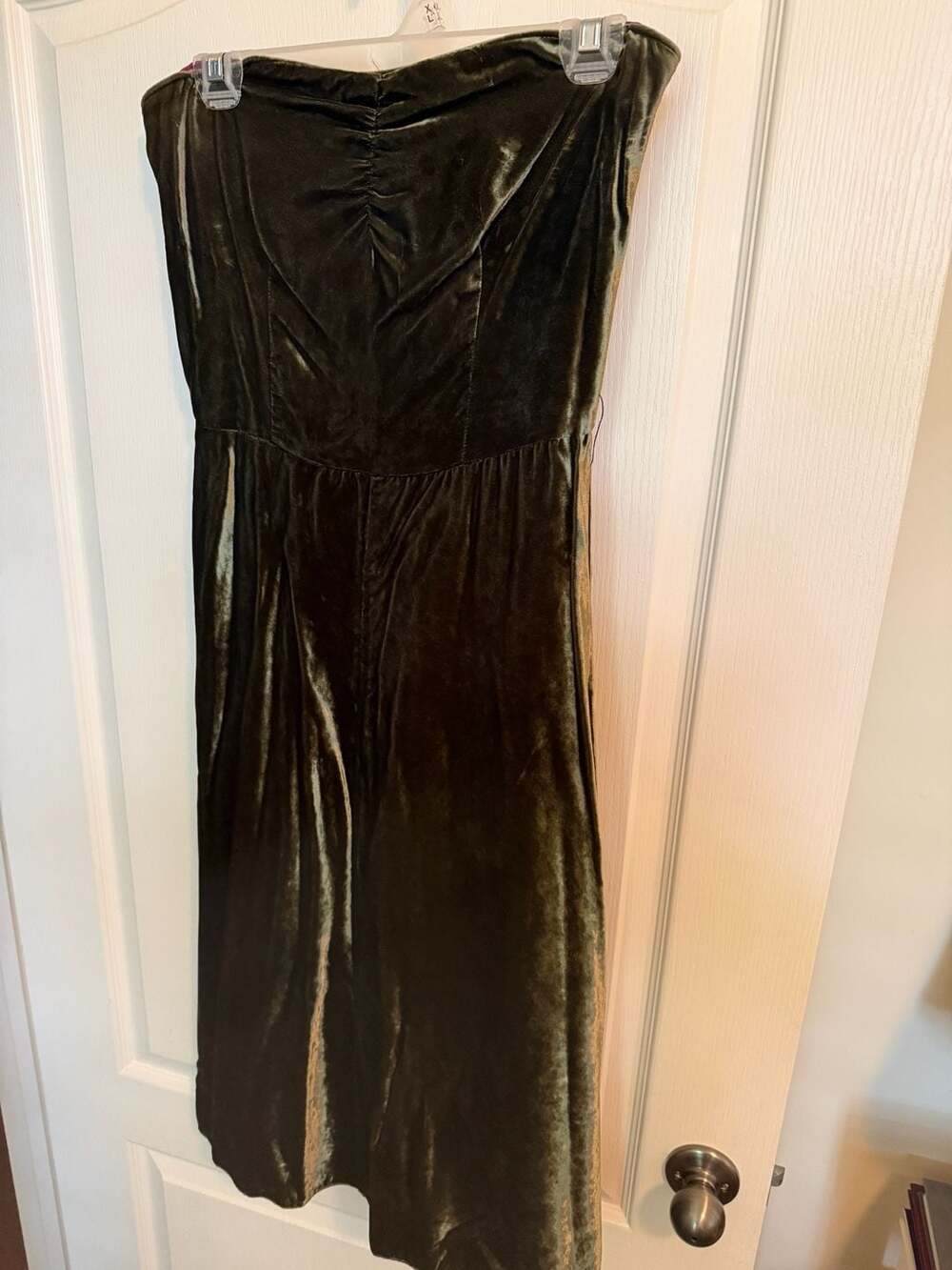 Corey Lynn Calter Olive Green Strapless Velvet Dress with Magenta Lining, Size 6